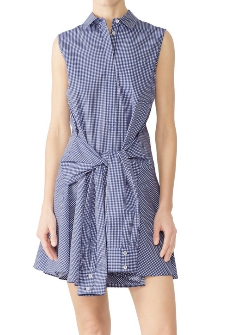 Derek Lam Denim Blue Gingham Tie Front Sleeveless Shirt Dress XS